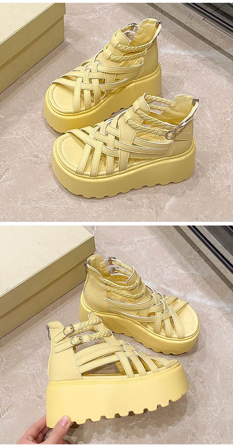 8CM Designers Women Summer Leather Sandals Open Toe Platform Wedge Sneakers New Women Casual Shoes Beach Sandálias Das Mulheres