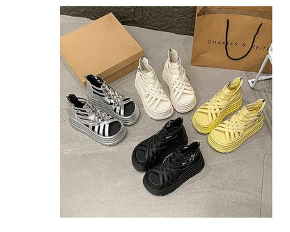 8CM Designers Women Summer Leather Sandals Open Toe Platform Wedge Sneakers New Women Casual Shoes Beach Sandálias Das Mulheres