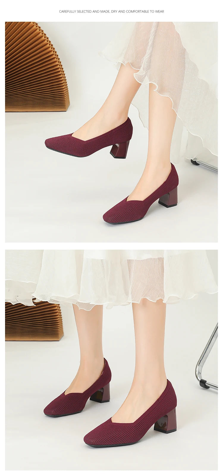 Women's High Heels Comfortable Square Knitted Breathable Comfortable Shoes 2025 Autumn New Edition (5cm High)