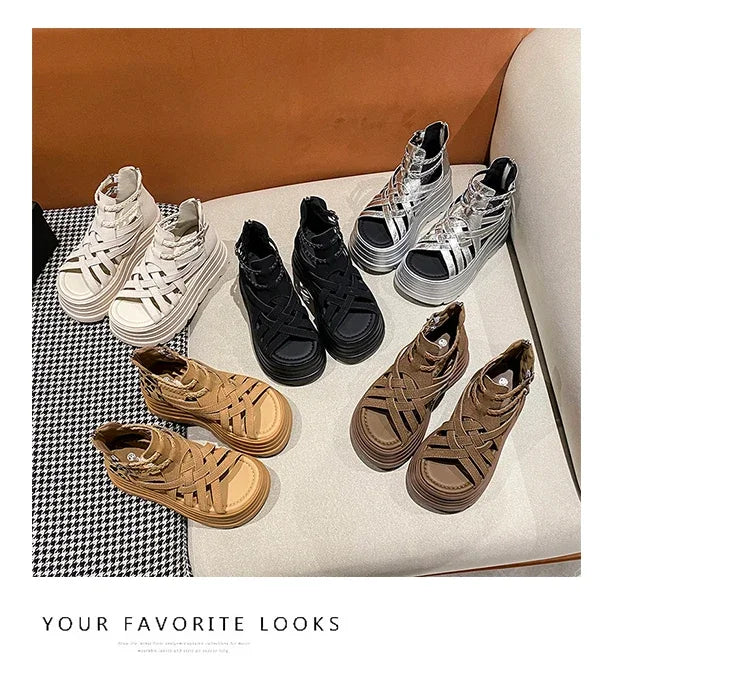 8CM Designers Women Summer Leather Sandals Open Toe Platform Wedge Sneakers New Women Casual Shoes Beach Sandálias Das Mulheres
