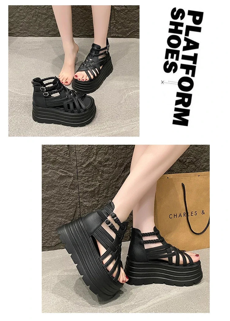 8CM Designers Women Summer Leather Sandals Open Toe Platform Wedge Sneakers New Women Casual Shoes Beach Sandálias Das Mulheres
