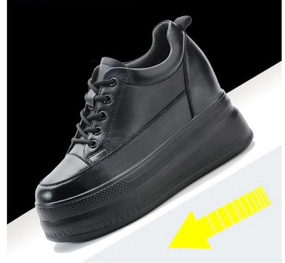 New Women Vulcanized Genuine Leather Shoes 9CM Platform Wedge High Heels White Black Shoes Lace Up Increased Sports Casual Shoes