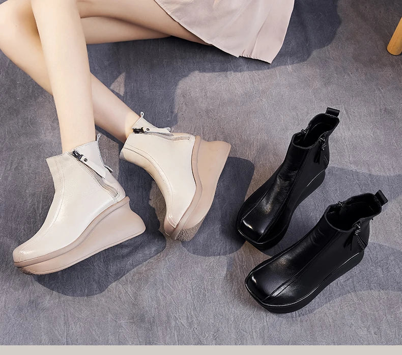 GKTINOO Genuine Leather Women Boots Retro Shoes 2025 New Autumn Winter Round Toe Double Zipper Handmade Concise Platform Boots