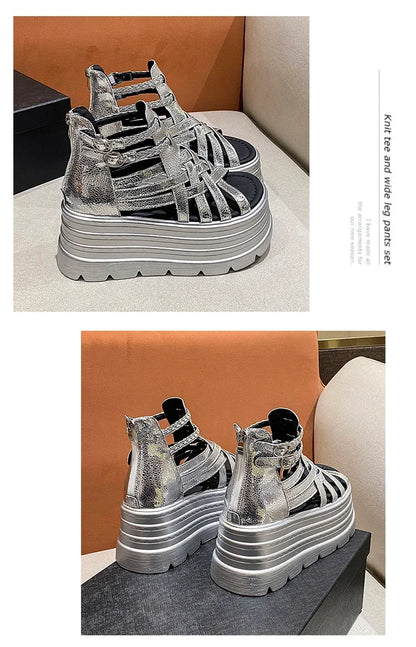 8CM Designers Women Summer Leather Sandals Open Toe Platform Wedge Sneakers New Women Casual Shoes Beach Sandálias Das Mulheres