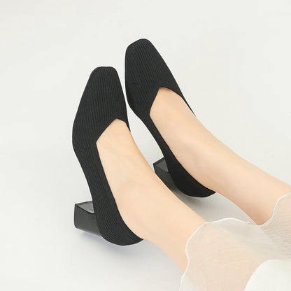 Women's High Heels Comfortable Square Knitted Breathable Comfortable Shoes 2025 Autumn New Edition (5cm High)