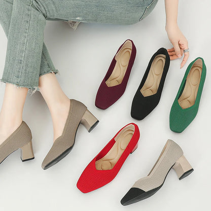 Women's High Heels Comfortable Square Knitted Breathable Comfortable Shoes 2025 Autumn New Edition (5cm High)