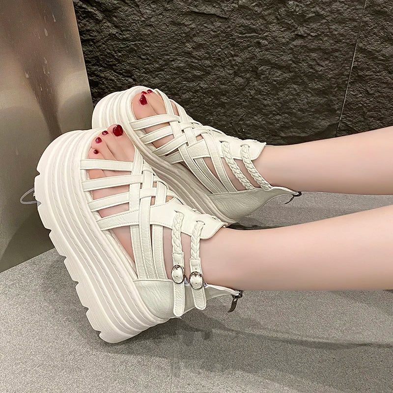 8CM Designers Women Summer Leather Sandals Open Toe Platform Wedge Sneakers New Women Casual Shoes Beach Sandálias Das Mulheres