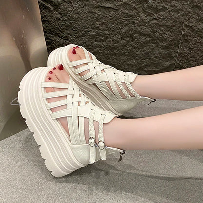 8CM Designers Women Summer Leather Sandals Open Toe Platform Wedge Sneakers New Women Casual Shoes Beach Sandálias Das Mulheres