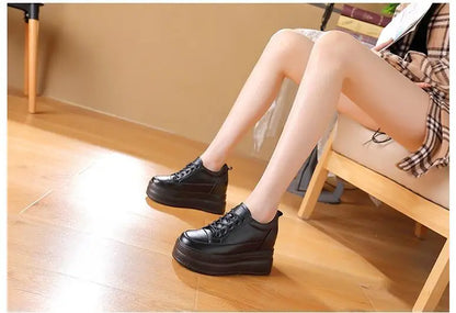 New Women Vulcanized Genuine Leather Shoes 9CM Platform Wedge High Heels White Black Shoes Lace Up Increased Sports Casual Shoes