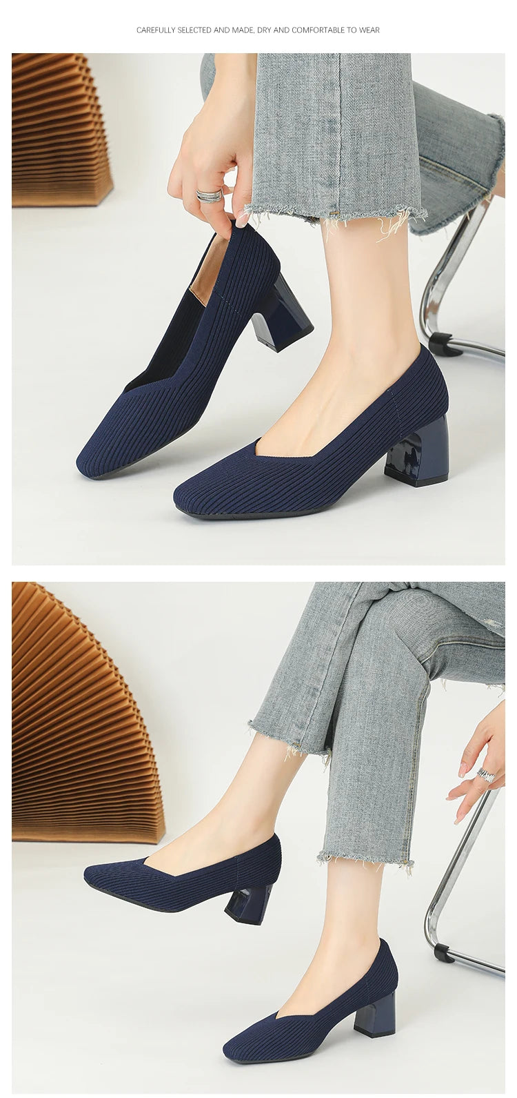 Women's High Heels Comfortable Square Knitted Breathable Comfortable Shoes 2025 Autumn New Edition (5cm High)