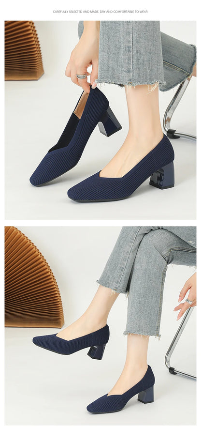Women's High Heels Comfortable Square Knitted Breathable Comfortable Shoes 2025 Autumn New Edition (5cm High)