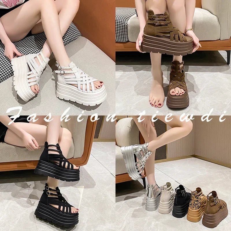 8CM Designers Women Summer Leather Sandals Open Toe Platform Wedge Sneakers New Women Casual Shoes Beach Sandálias Das Mulheres