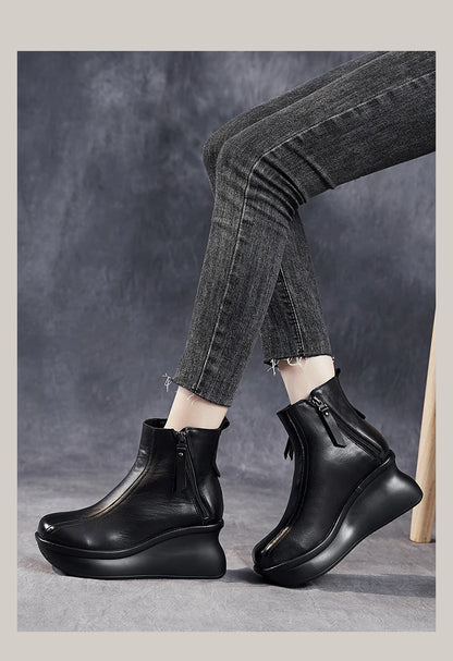 GKTINOO Genuine Leather Women Boots Retro Shoes 2025 New Autumn Winter Round Toe Double Zipper Handmade Concise Platform Boots