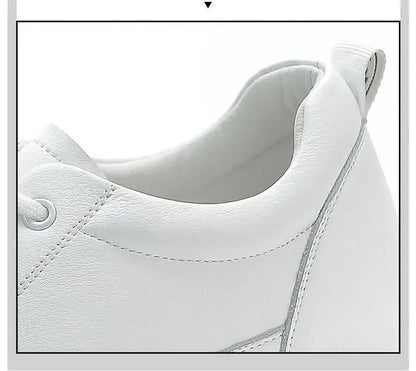 New Women Vulcanized Genuine Leather Shoes 9CM Platform Wedge High Heels White Black Shoes Lace Up Increased Sports Casual Shoes