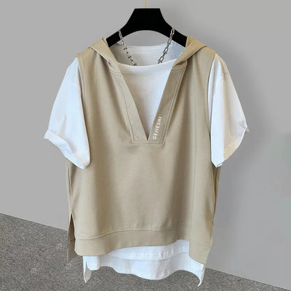 2025 New Men's Fake Two-piece Hooded T-shirts Letter Embroidered Short Sleeve Tee Shirts Korean Fashion V-Neck Y2K Tshirt