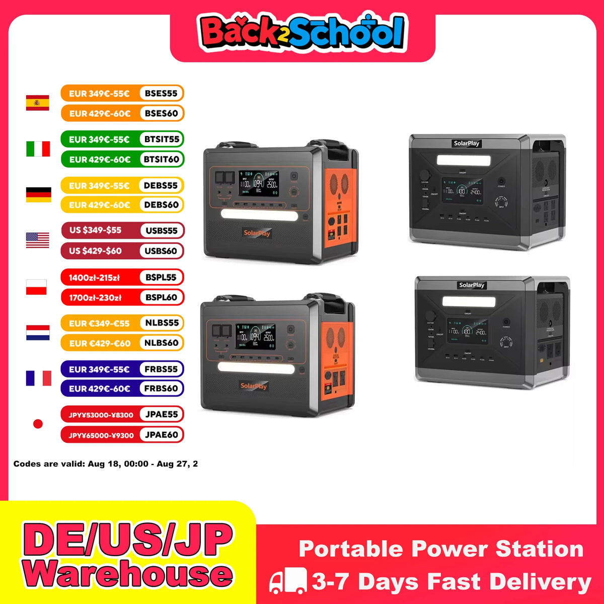 SOLARPLAY Semi-solid State Power Station 2500W 2400W Camping Supplies LiFePO4 Home Battery Portable Power Bank Generator US EU
