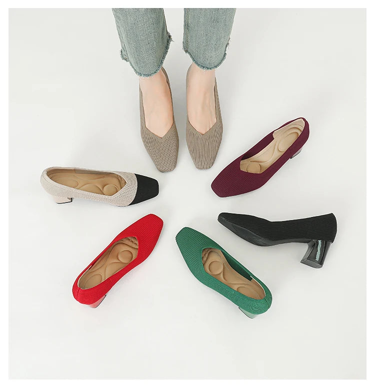 Women's High Heels Comfortable Square Knitted Breathable Comfortable Shoes 2025 Autumn New Edition (5cm High)