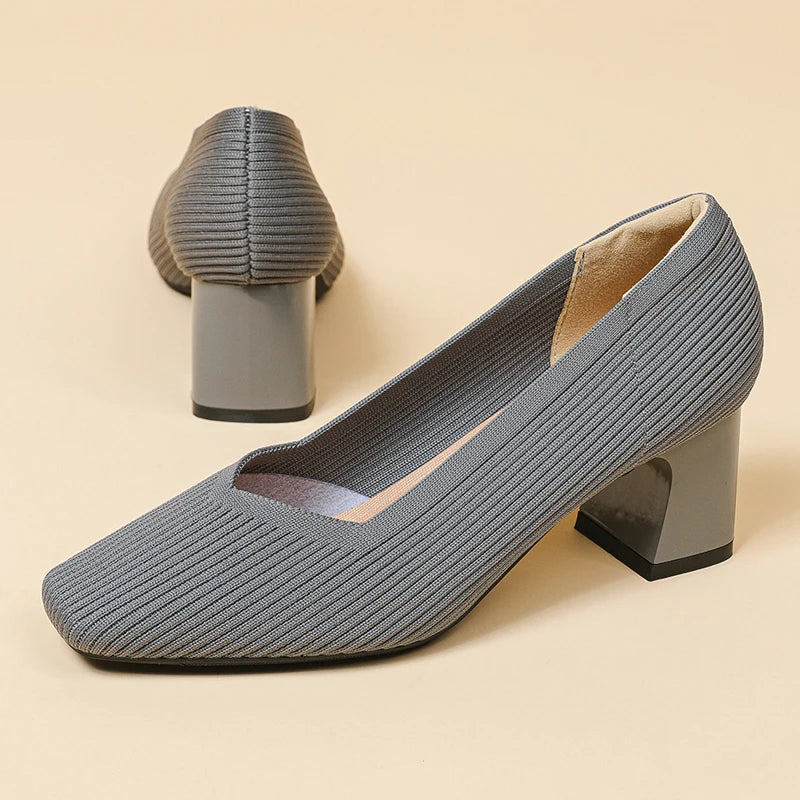 Women's High Heels Comfortable Square Knitted Breathable Comfortable Shoes 2025 Autumn New Edition (5cm High)