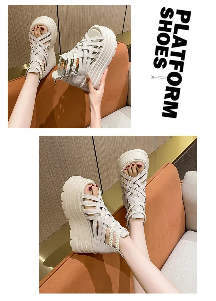 8CM Designers Women Summer Leather Sandals Open Toe Platform Wedge Sneakers New Women Casual Shoes Beach Sandálias Das Mulheres