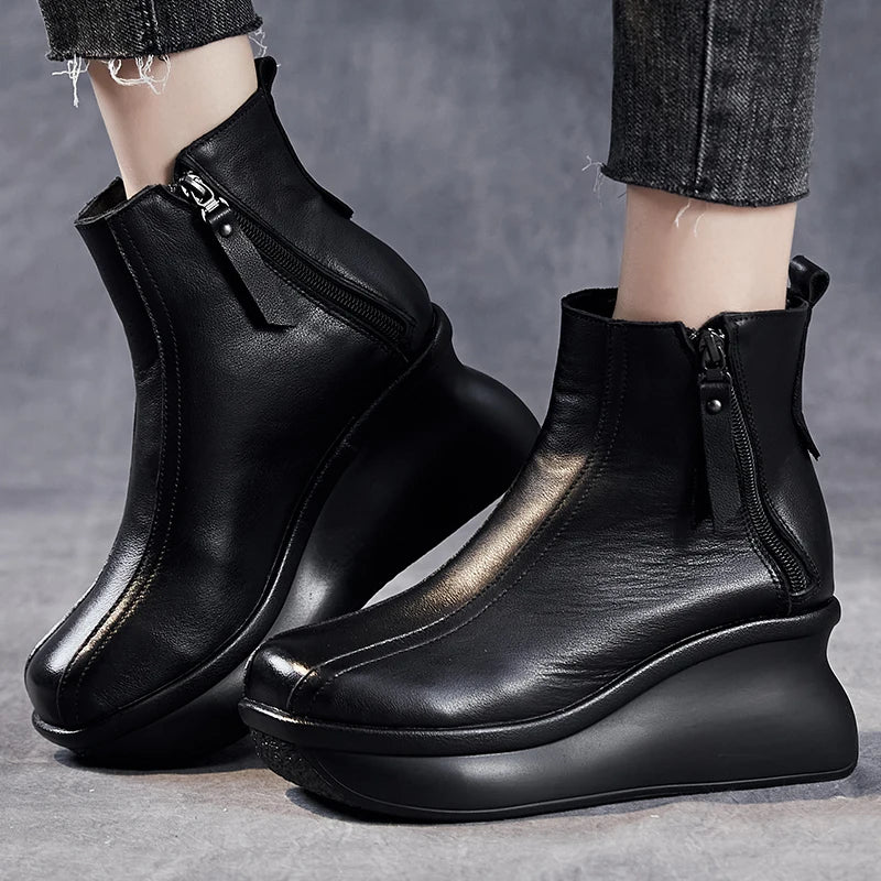 GKTINOO Genuine Leather Women Boots Retro Shoes 2025 New Autumn Winter Round Toe Double Zipper Handmade Concise Platform Boots