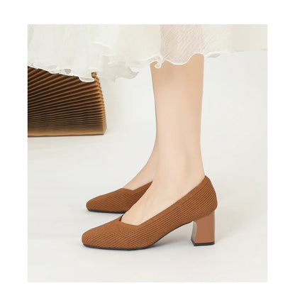 Women's High Heels Comfortable Square Knitted Breathable Comfortable Shoes 2025 Autumn New Edition (5cm High)