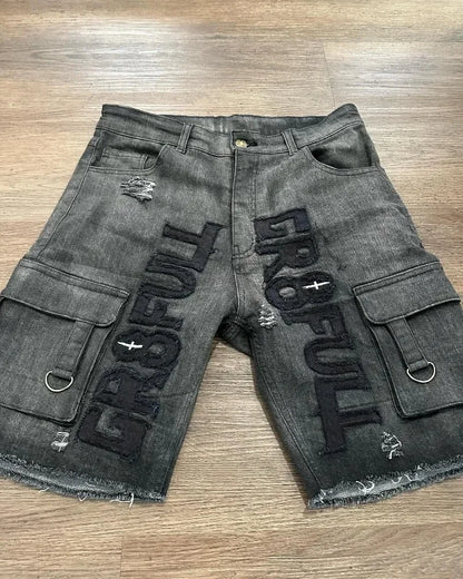 Y2K Fashion New Oversize Embroidery Loose Denim Shorts Men Gothic Punk Hip Hop Fashion Casual Joker Couple Basketball Pants