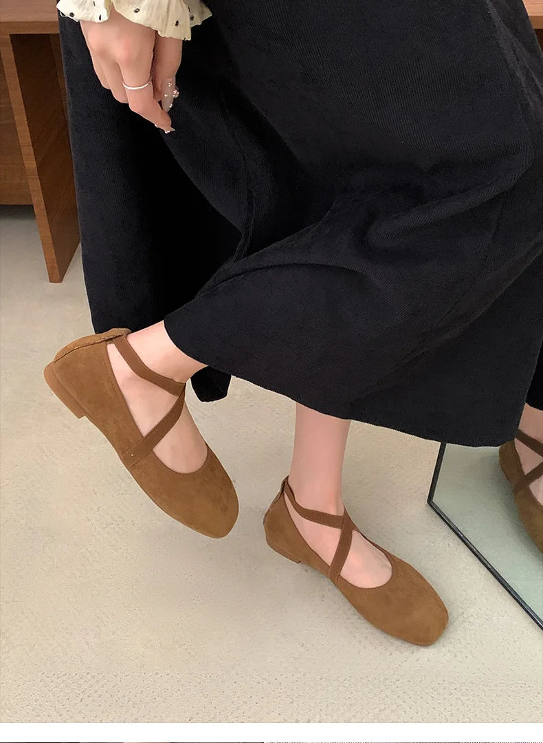 2024 New Spring Summer Flat Ballet Shoes Women's Shoes Retro Mary Jane Shoes Square Toe Shallow Mouth New Cross Women Loafers