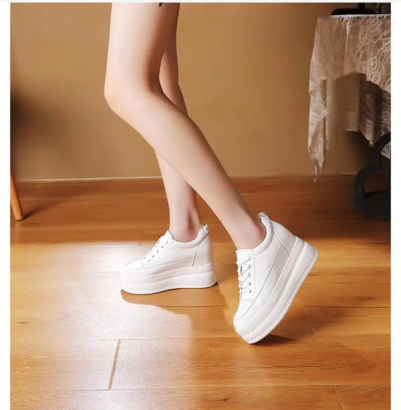 New Women Vulcanized Genuine Leather Shoes 9CM Platform Wedge High Heels White Black Shoes Lace Up Increased Sports Casual Shoes
